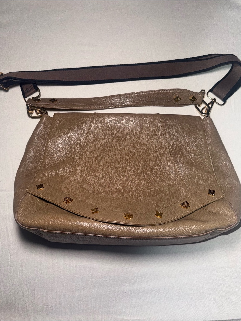 MCM Women's Taupe Leather Shoulder Bag with Gold Stud Accents